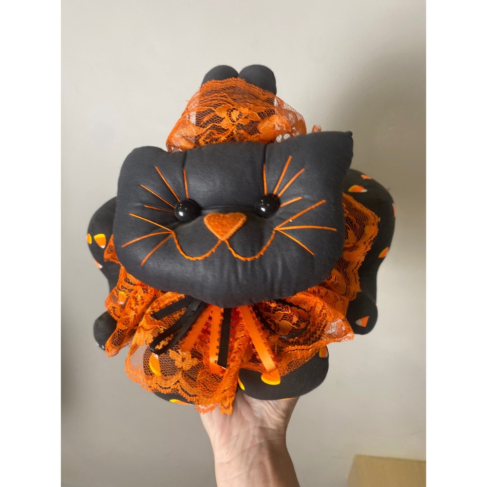 Vintage Halloween Black Cat Plush Candy Corn Basket Trick or Treat Bag 80s 90s